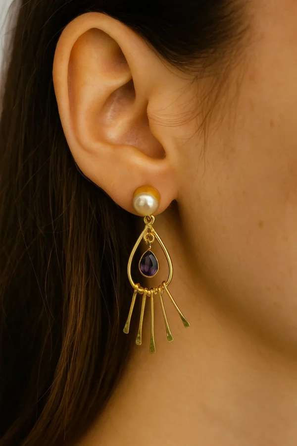 Handcrafted Royal Drop Dangle Earrings with Pearl Stud & Purple Stone - Image 3