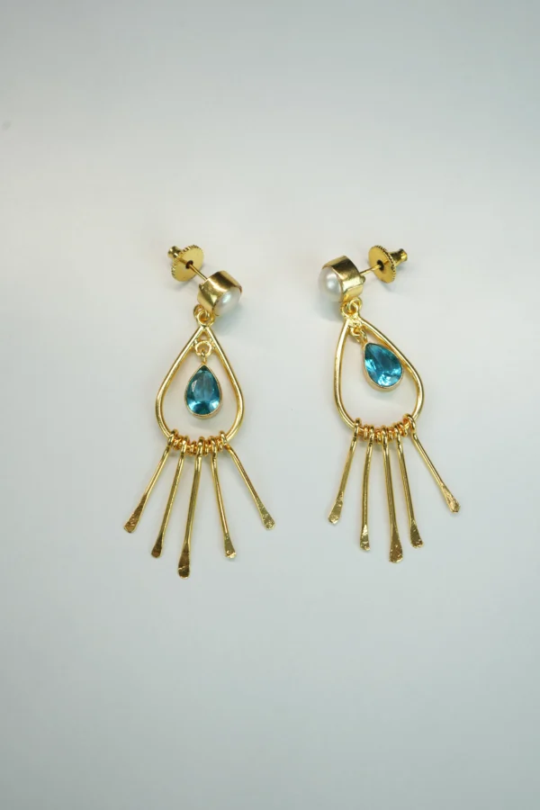 Sea Blue Dangler Earrings with Pearl Top | 18K Gold Plated Glam - Image 5