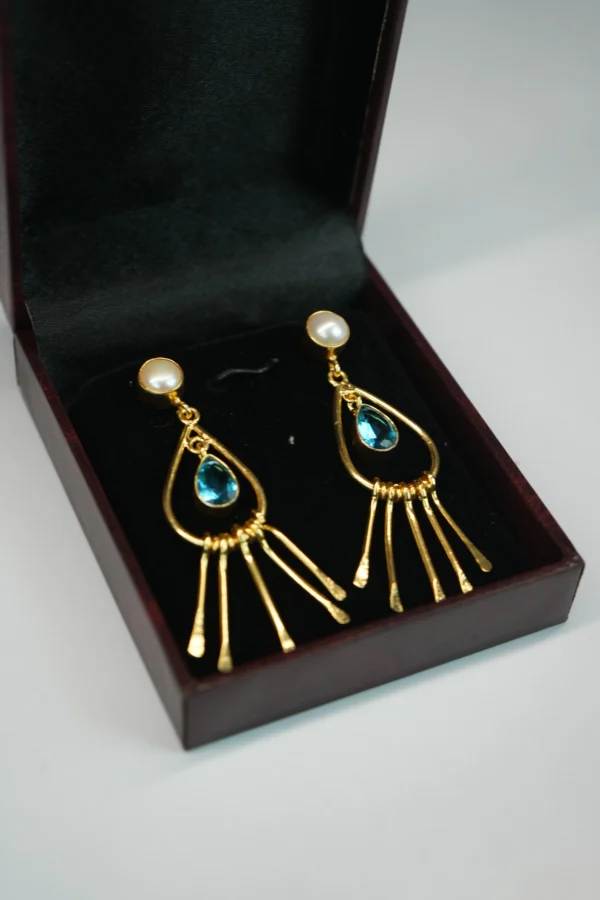 Sea Blue Dangler Earrings with Pearl Top | 18K Gold Plated Glam - Image 3