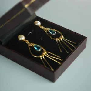 Sea Blue Dangler Earrings with Pearl Top | 18K Gold Plated Glam