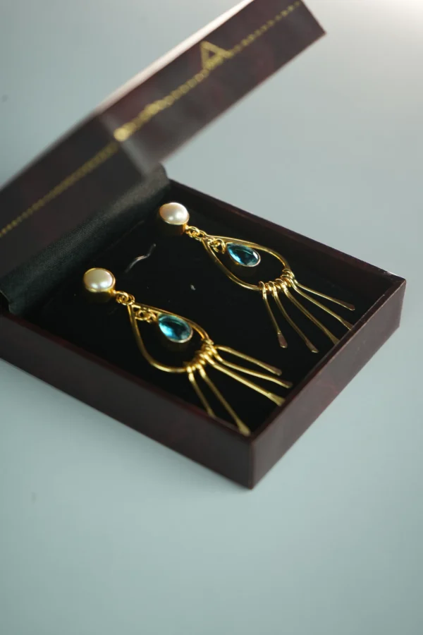 Sea Blue Dangler Earrings with Pearl Top | 18K Gold Plated Glam