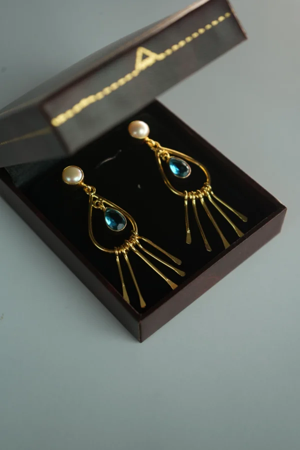 Sea Blue Dangler Earrings with Pearl Top | 18K Gold Plated Glam - Image 4