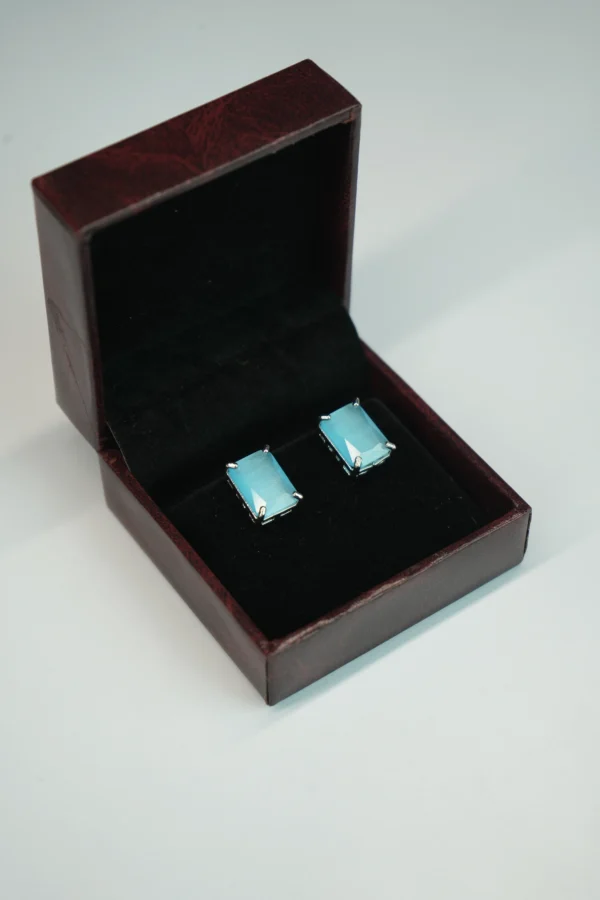 Sea Blue Crystal Stud Earrings with Elegant Silver Finish - Image 2