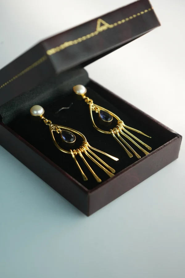 Handcrafted Royal Drop Dangle Earrings with Pearl Stud & Purple Stone - Image 2